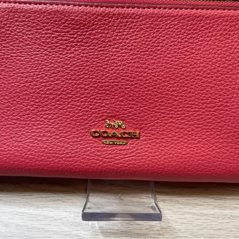 Coach Double Zip Pouch Wristlet Pebbled Leather Pink Maroon (Watermelon/Wine)